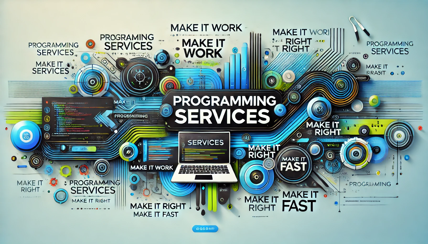 visually dynamic and futuristic representation of programming services. It features vibrant, interconnected circuits and design elements with phrases like "Make it Work," "Make it Right," and "Make it Fast." At the center, "Programming Services" is highlighted, surrounded by a laptop, code snippets, and abstract graphics symbolizing innovation, efficiency, and precision in programming solutions.